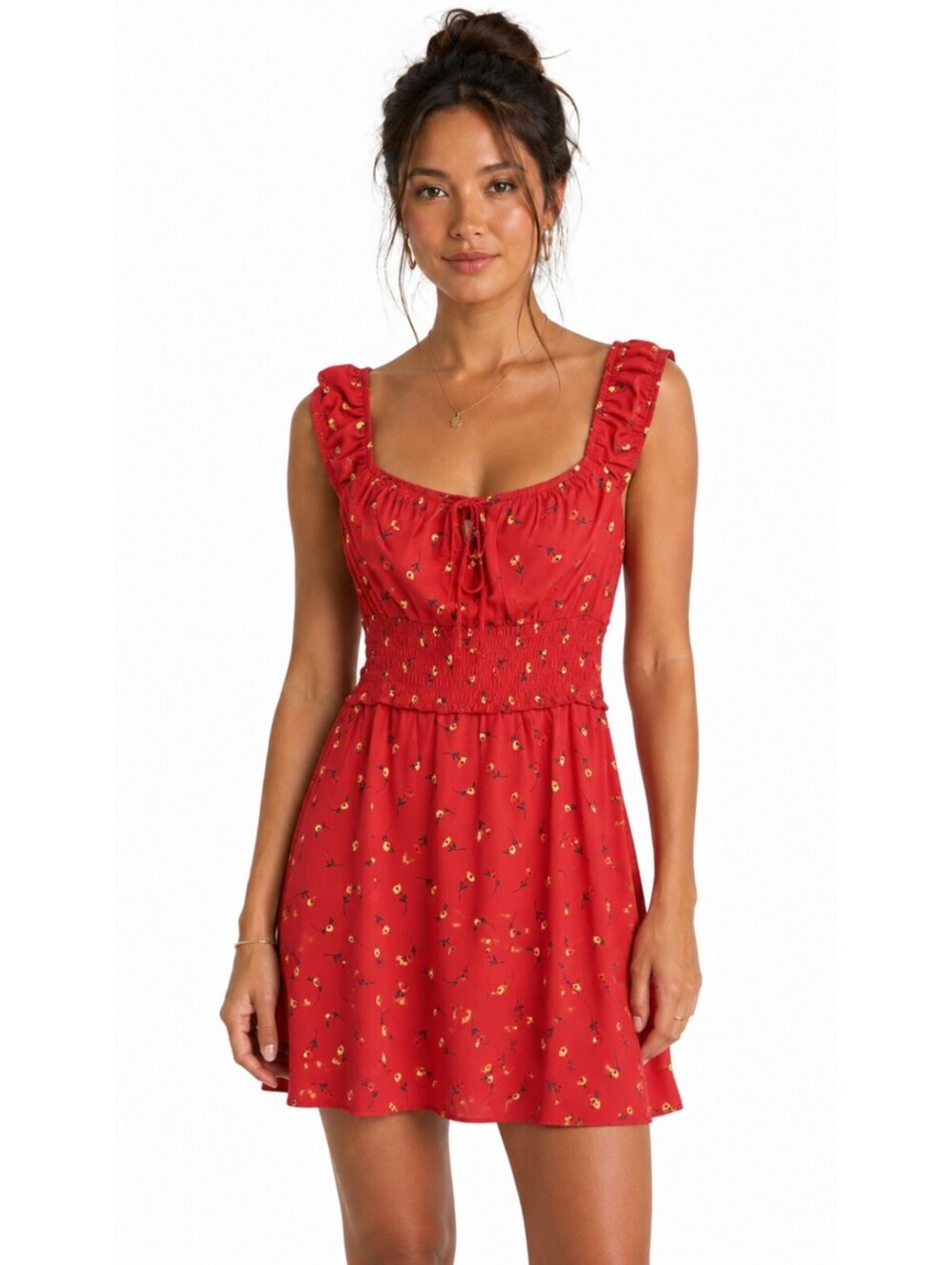 Red Floral Mini Skater Dress Ruffle Smocked Waist Cottagecore Coquette Size S